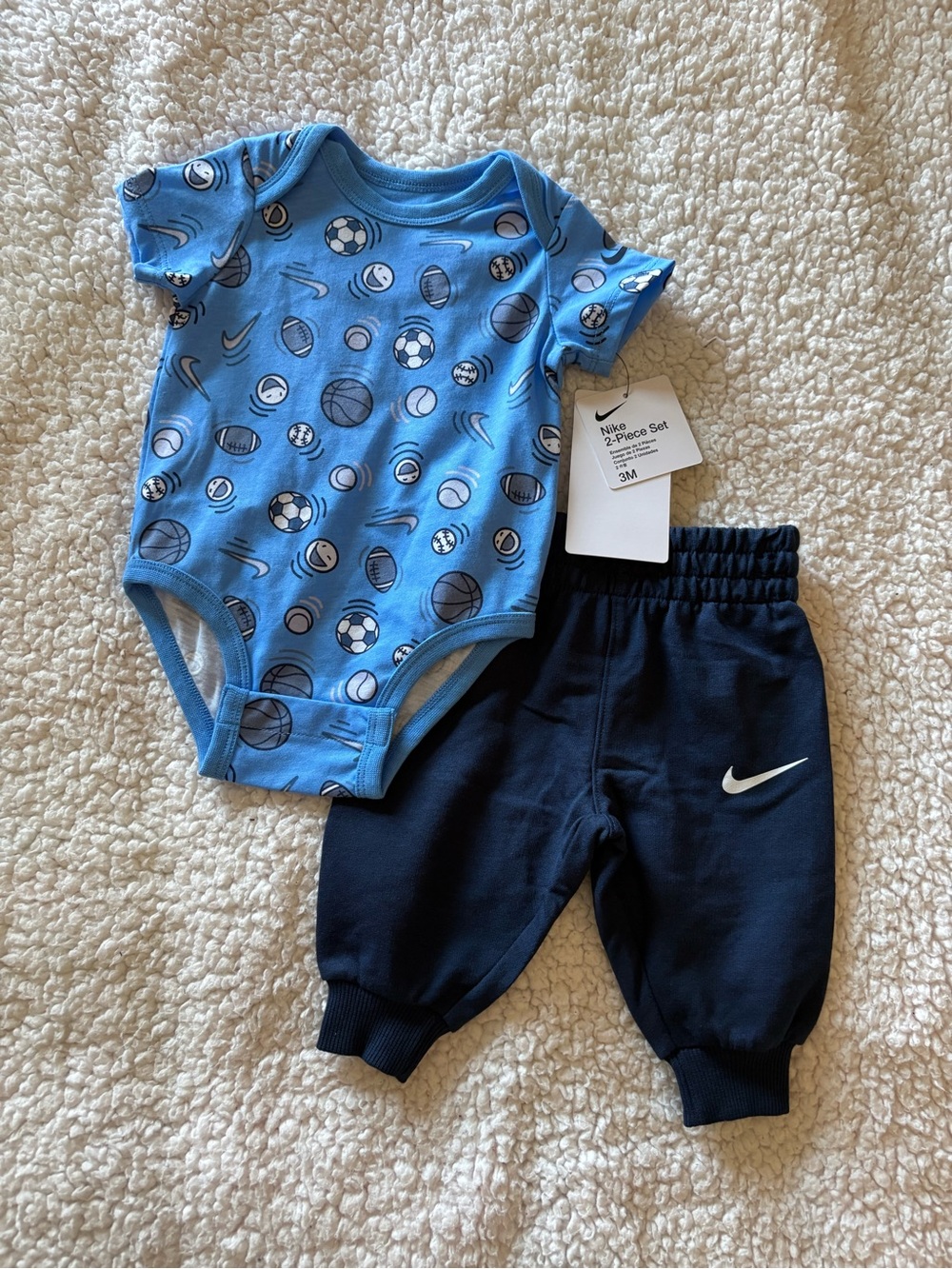 Nike Blue Sports Ball Printed One-Piece with Navy Pants Set - Baby